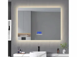 Espejo de baño, 100x80cm, espejo LED con altavoz Bluetooth, iluminación ajustable, función antivaho, indicador de temperatura^ Hot