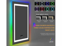 Fativo Espejo de baño 90x70cm RGB y LED regulable + antivaho + Bluetooth 5.2 + Reloj + 3 colores 4 botones Plateado New