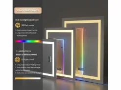 Fativo Espejo de baño 90x70cm RGB y LED regulable + antivaho + Bluetooth 5.2 + Reloj + 3 colores 4 botones Plateado New
