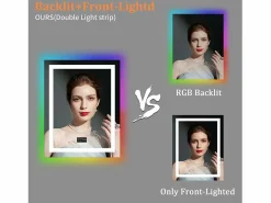Fativo Espejo de baño 90x70cm RGB y LED regulable + antivaho + Bluetooth 5.2 + Reloj + 3 colores 4 botones Plateado New
