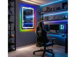 Fativo Espejo de baño 90x70cm RGB y LED regulable + antivaho + Bluetooth 5.2 + Reloj + 3 colores 4 botones Plateado New