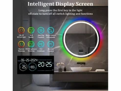Fativo Espejo de baño 80x80cm RGB y LED regulable + antivaho + Bluetooth 5.2 + Reloj + 3 colores 4 botones Plateado Hot