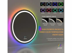 Fativo Espejo de baño 80x80cm RGB y LED regulable + antivaho + Bluetooth 5.2 + Reloj + 3 colores 4 botones Plateado Hot