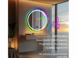 Fativo Espejo de baño 80x80cm RGB y LED regulable + antivaho + Bluetooth 5.2 + Reloj + 3 colores 4 botones Plateado Hot