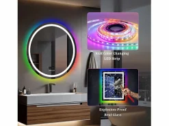 Fativo Espejo de baño 80x80cm RGB y LED regulable + antivaho + Bluetooth 5.2 + Reloj + 3 colores 4 botones Plateado Hot