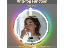 Fativo Espejo de baño 80x80cm RGB y LED regulable + antivaho + Bluetooth 5.2 + Reloj + 3 colores 4 botones Plateado Hot