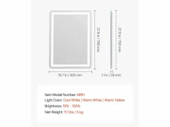 Accesorios De Cuarto De Baño|Espejo De Cuarto De Baño|Espejo de Pared SucceBuy, 50 x 70 cm, Espejo de Baño LED, Montaje en Pared, Antiniebla, 3 Colores de Temperatura Ajustables
