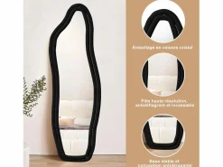Espejo de pie 160 x 50 cm - con bordes ondulados irregulares - con soporte y marco de madera revestido de franela - Negro Hot