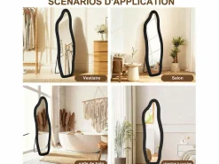 Espejo de pie 160 x 50 cm - con bordes ondulados irregulares - con soporte y marco de madera revestido de franela - Negro Hot