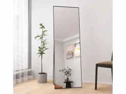 Espejo irrompible de cuerpo entero, 165x60cm, espejo de pie para colgar o apoyar en la pared, espejo de suelo con soporte, color Negro Sale