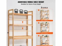 Estante Wc Meuble SucceBuy Estante de Almacenamiento a 3 Niveaux para Baños, Organizador ajustable en Bambú con 3 Ganchos, Autónomo^ Clearance
