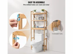 Estante Wc Meuble SucceBuy Estante de Almacenamiento a 3 Niveaux para Baños, Organizador ajustable en Bambú con 3 Ganchos, Autónomo^ Clearance