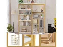 Merax Estantería|Estantería de almacenaje estilo minimalista moderno - 160 x 29,5 x 180 cm - MDF + metal - + dorado