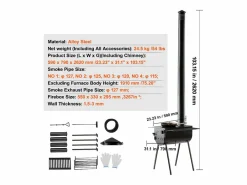 Estufa de Leña Portátil SucceBuy, 262 cm, Estufa de Camping para Barbacoa con Tubos para Exteriores Negro