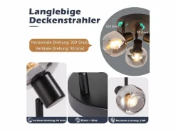 NETTLIFE Foco de techo de 3 llamas - Foco de techo redondo moderno de vidrio con giro de 350° para sala de estar Negro Discount