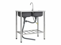 Fregadero de camping doble seno y grifo acero inoxidable ES858518 Plateado Clearance