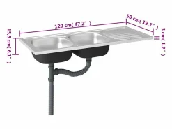Fregadero de cocina de dos senos de 1200x500x155 mm de acero inoxidable^ Online