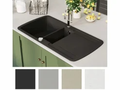 Fregadero de cocina de granito de dos senos Negro Discount