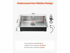 Fregadero|Fregadero de Cocina SucceBuy Fregadero de Cocina de 70 cm, de un Seno y Bajo Encimera, de Acero Inoxidable