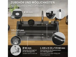 ML-DESIGN Fregadero|Fregadero de cocina 80x46 cm lavabo rectangular antracita acero con accesorios