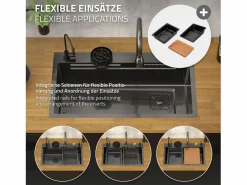 ML-DESIGN Fregadero|Fregadero de cocina 80x46 cm lavabo rectangular antracita acero con accesorios