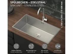 ML-DESIGN Fregadero XXL de cocina un seno 70x40cm lavabo con desagüe y rebosadero Plateado Clearance