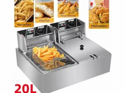 Freidora eléctrica 5000W, tanque doble 12L, 60 ºC a 200 ºC, freidora comercial en acero inoxidable, 55x43x28.5 cm^DripeX