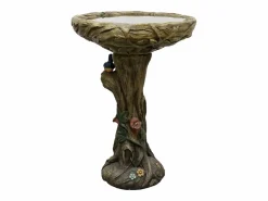 Fuente para pájaros de hormigón, diseño de madera, con pájaro decorativo (45,5x45,5x65 cm) Marru00f3n Best