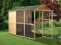 Vente-unique Cama De Animales De Compañía|Gallinero, caseta con cerca de madera - 10 gallinas - Ancho 266 x Alt. 205 -natural verde -FERAS