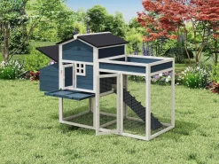 Vente-unique Cama De Animales De Compañía|Gallinero con valla y huerto - 4 gallinas - Alt. 109 cm - Azul y blanco CAMPORA