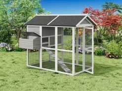 Gallinero de madera con corral, 8 gallinas, L. 201 x P.142 x H. 171 cm, Gris y blanco, GALLUS^Vente-unique Online