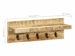 Garden Furniture Perchero|- Perchero de pared madera maciza de mango sin tratar 60x15x20 cm