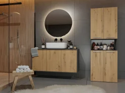 TOPESHOP GLAZE - Mueble de cuarto de baño con cesta - Estilo moderno - 174x60x30 cm - Columna de cuarto de baño Gris antracita / Color natural claro Hot