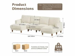 DripeX Gran sofá de esquina panorámico - 4 plazas - chaise longue 109cm - de pana - 269x140x86 - Beige Hot