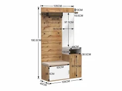 Guardarropa blanco y madera con espejo, 2 puertas, banco y 4 colgadores 105x40x190,5cm^Hauss Spole Hot