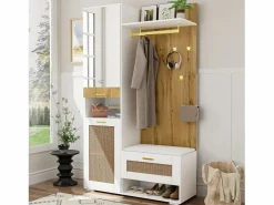 ModernLuxe Guardarropa 110x38x190 cm con LED - con espejo + 5 ganchos + zapatero - Natural y Blanco Color natural claro / Blanco New