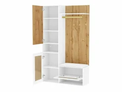 ModernLuxe Guardarropa 110x38x190 cm con LED - con espejo + 5 ganchos + zapatero - Natural y Blanco Color natural claro / Blanco New