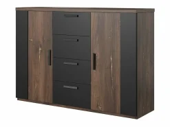Meublorama Dormitorio Completo|Habitación completa FOX – Armario 200 cm, Cama 160x200 con somier incluido, Cómoda, Mesitas de noche – Roble oscuro
