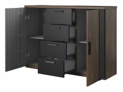 Meublorama Dormitorio Completo|Habitación completa FOX – Armario 200 cm, Cama 160x200 con somier incluido, Cómoda, Mesitas de noche – Roble oscuro