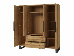 Habitación completa industrial MILOS: Armario 4 puertas, cama 160x200, cómoda, mesitas de noche, roble crudo/negro^Meublorama Discount