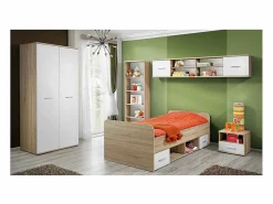 Meublorama Habitación completa para niños y adolescentes, colección DENVER. Armario, cama, biblioteca, mesita de noche y estantería. Marru00f3n Best