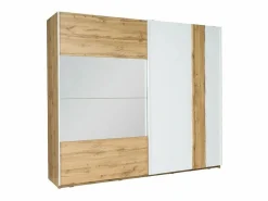 Habitación WOOD en colores roble y blanco con cama con LED y compartimento de almacenamiento, cómoda, mesitas de noche y armario.^Meublorama Online
