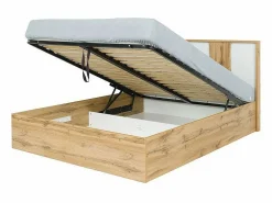 Habitación WOOD en colores roble y blanco con cama con LED y compartimento de almacenamiento, cómoda, mesitas de noche y armario.^Meublorama Online
