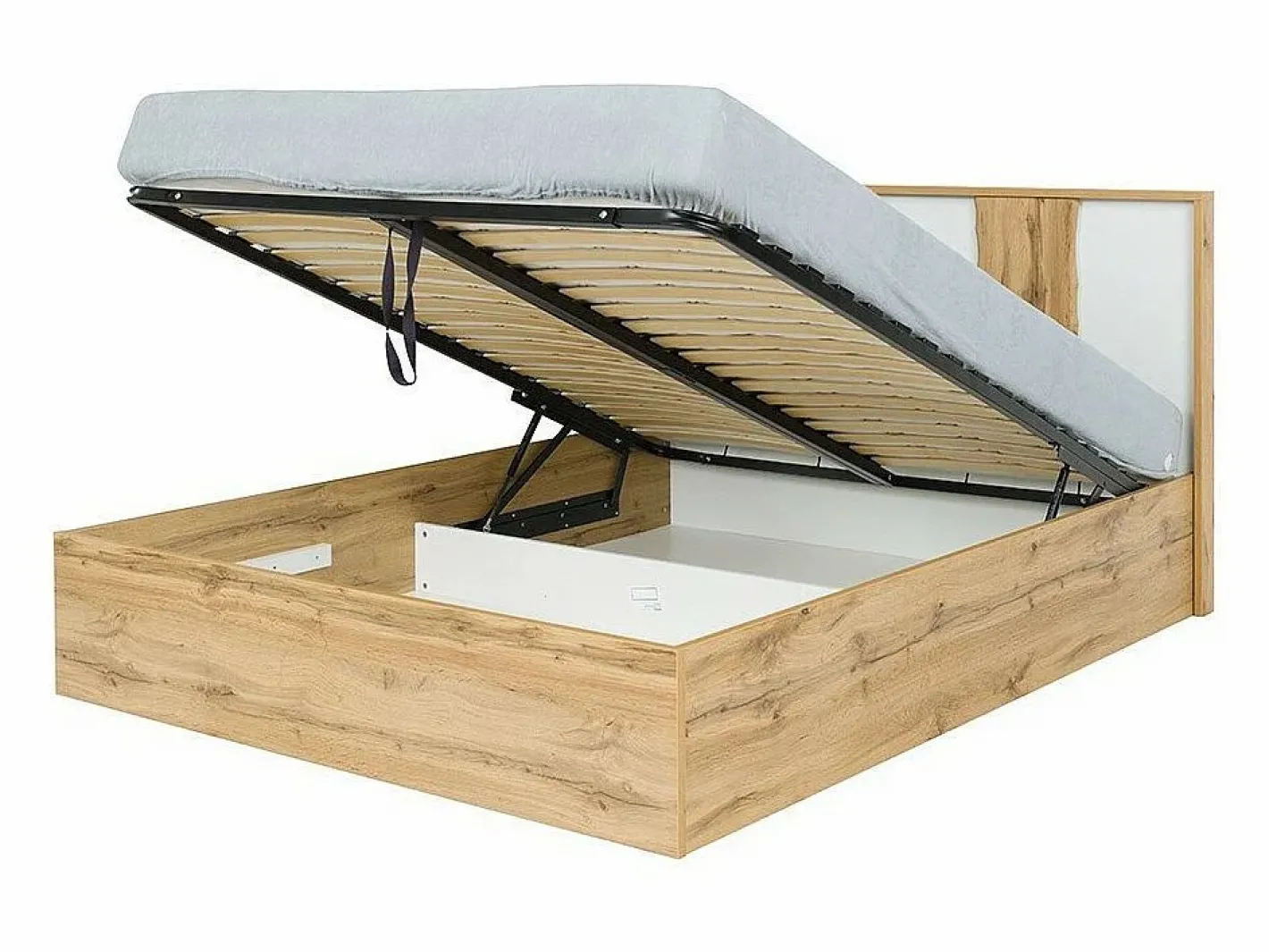 Habitación WOOD en colores roble y blanco con cama con LED y compartimento de almacenamiento, cómoda, mesitas de noche y armario.^Meublorama Online
