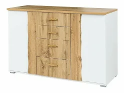 Habitación WOOD en colores roble y blanco con cama con LED y compartimento de almacenamiento, cómoda, mesitas de noche y armario.^Meublorama Online