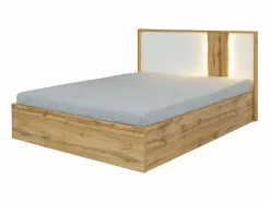 Habitación WOOD en colores roble y blanco con cama con LED y compartimento de almacenamiento, cómoda, mesitas de noche y armario.^Meublorama Online