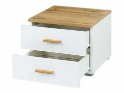 Habitación WOOD en colores roble y blanco con cama con LED y compartimento de almacenamiento, cómoda, mesitas de noche y armario.^Meublorama Online
