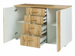 Habitación WOOD en colores roble y blanco con cama con LED y compartimento de almacenamiento, cómoda, mesitas de noche y armario.^Meublorama Online