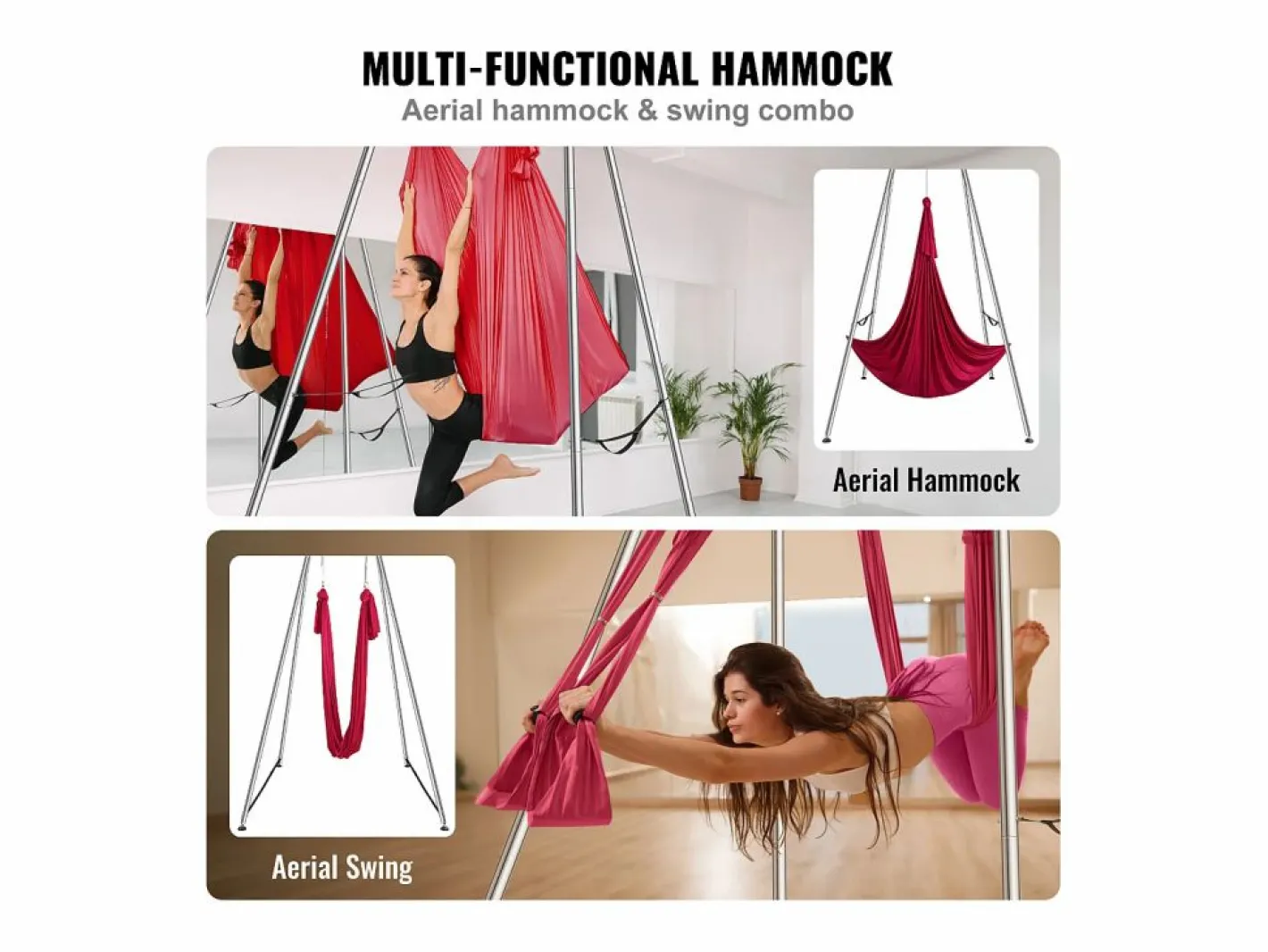 Hamaca de Yoga SucceBuy, Armazón de Yoga Aéreo y Hamaca de Yoga, Carga de 250 kg, Hamaca en Seda Aérea, Rojo Hot