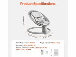 Hamaca Eléctrica para Bebés, SucceBuy Columpio para Bebés y Recién Nacidos con 5 Velocidades, Mando Bluetooth, Canciones de Cuna y Cojín Gris Outlet